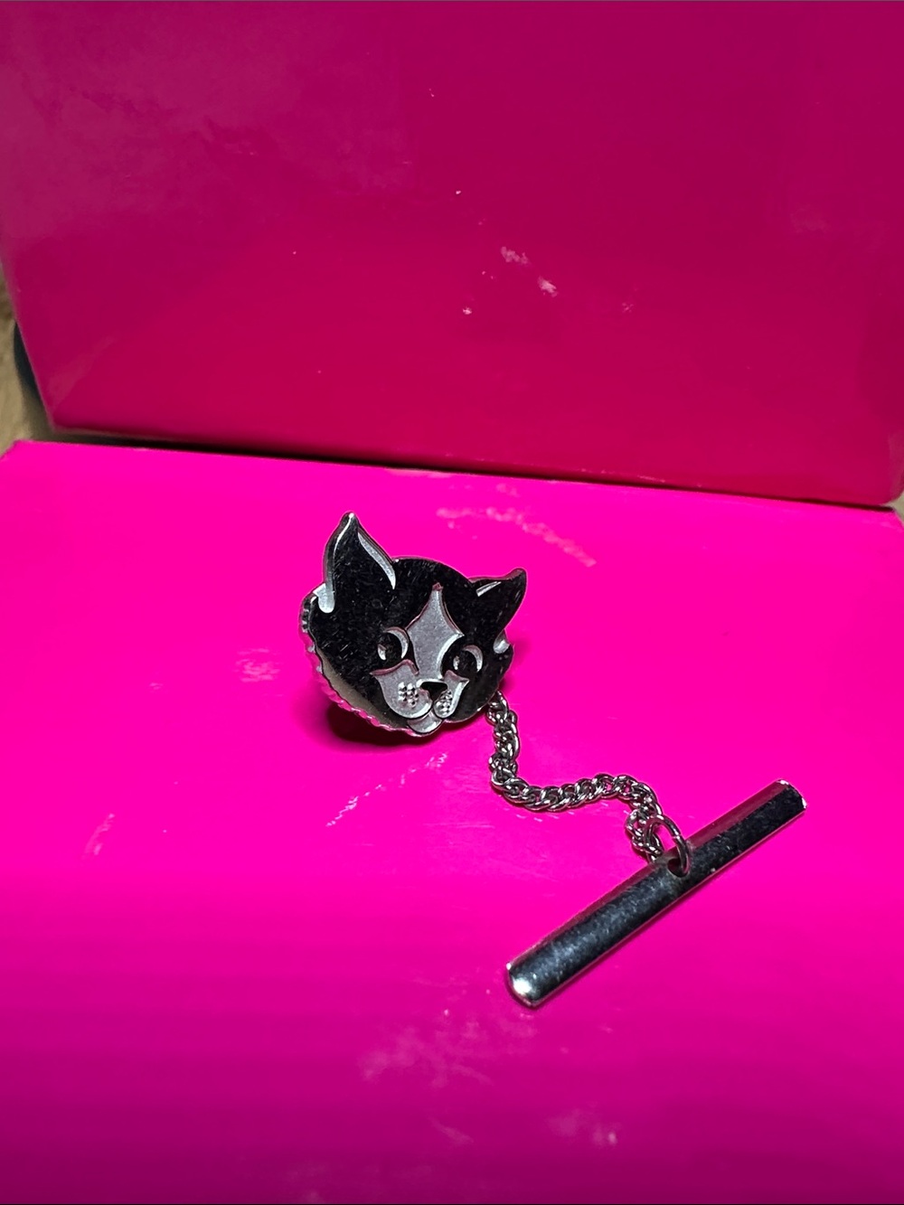 Silver Cat Face Tie Tack with Chain